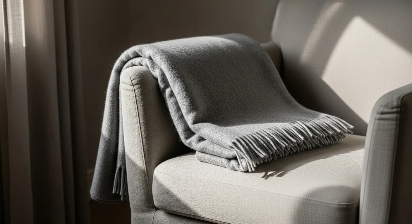 A folded blanket on a chair near a sunlit window.