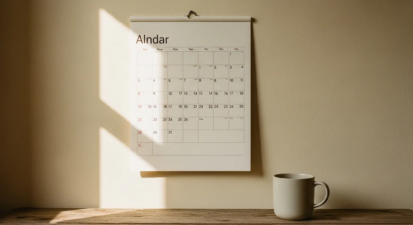 A wall calendar with soft morning light falling across the page, a simple ceramic coffee mug on the wooden surface beside it, used to illustrate the article on how long depression lasts.