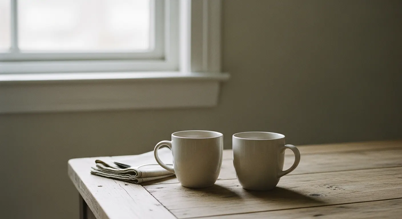 Two simple ceramic mugs of tea sitting side by side on a worn wooden kitchen counter in soft natural daylight, used to illustrate the article on how to help a partner or family member with depression.