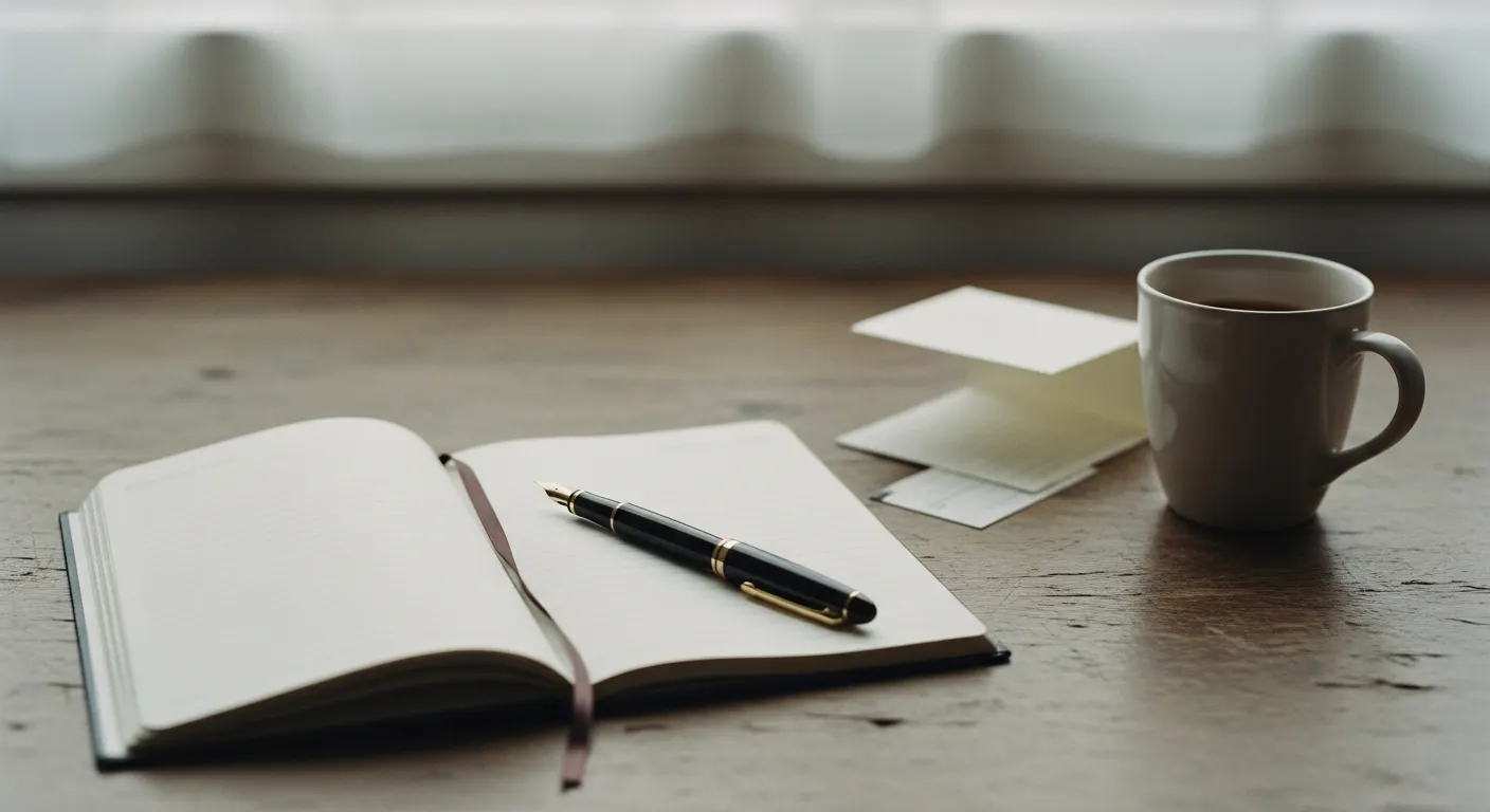 An open lined notebook with a fountain pen resting on its page on a worn wooden desk in soft natural daylight, used to illustrate the article on what to do after a depression diagnosis.